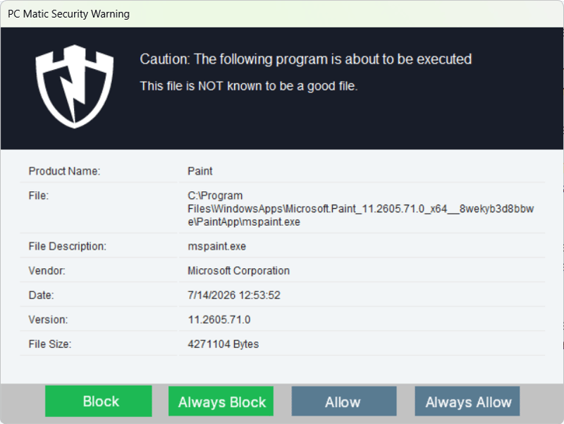 A screenshot of the PC Matic Security Warning dialogue when trying to run MS Paint